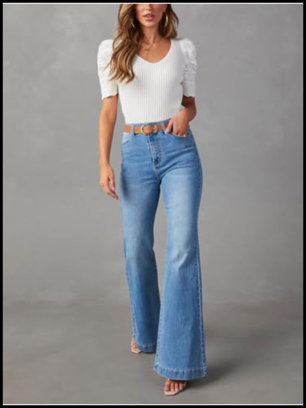 High Waisted Flare Bell Bottom Jeans Wide Leg Stretch Denim Pants - Picture 4 of 6